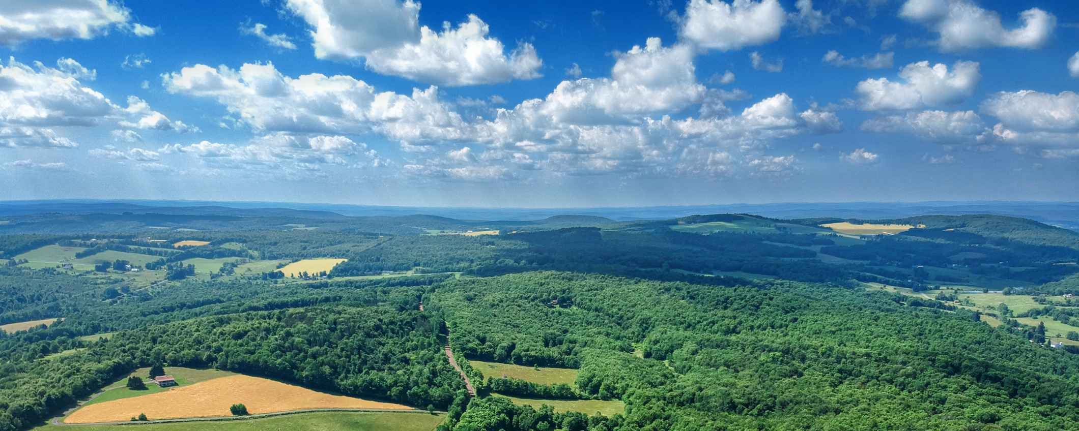 Luchtfoto van een uitgestrekt landschap met bossen, velden en heuvels.